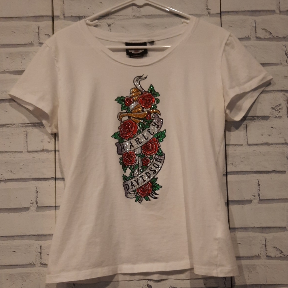 Harley Davidson Women's Size L T-Shirt White Beaded Rose Short Sleeve